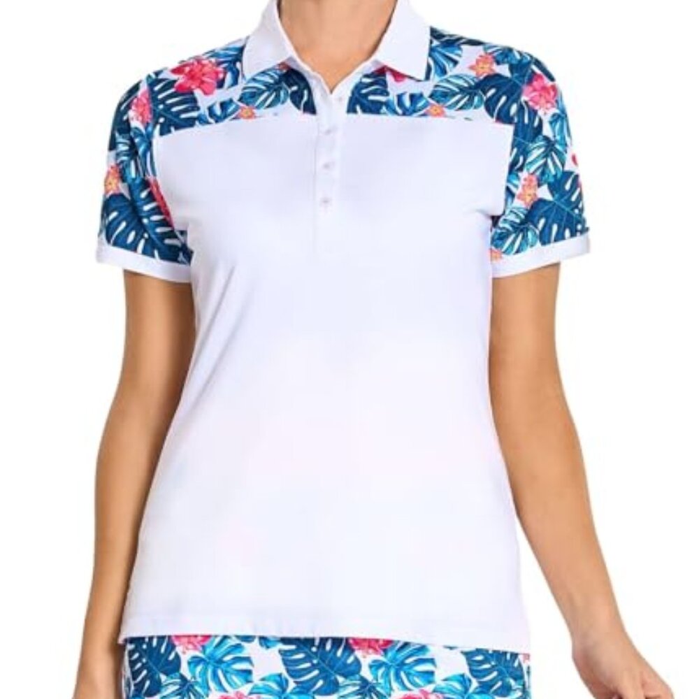 Women’s White Polo Top with Blue Floral Accents